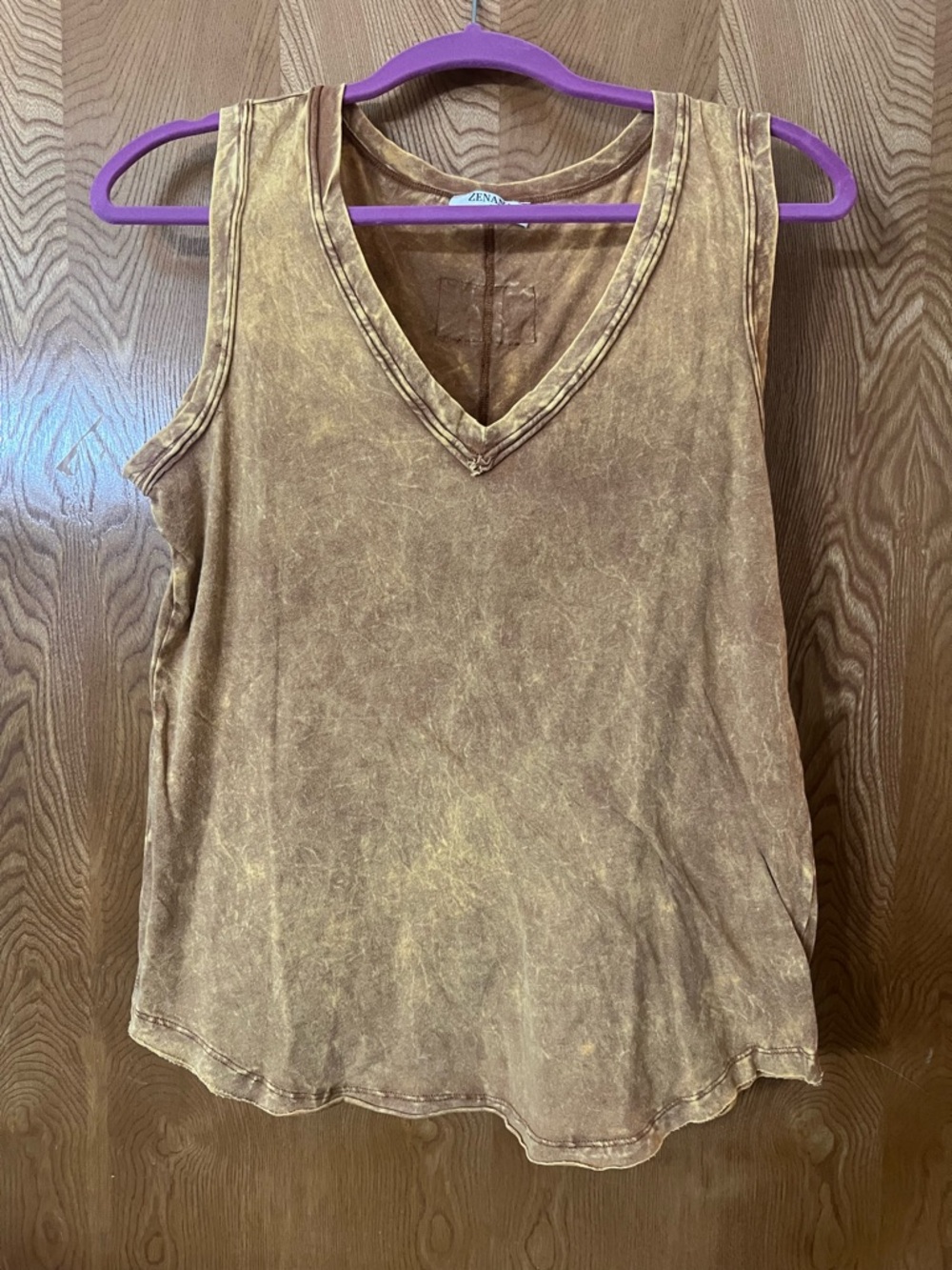 Zenana Outfitters Distressed V-Neck Tank Top in Brown and Tan